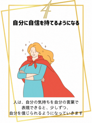 自分に自信を持てるようになる
人は、自分の気持ちを自分の言葉で表現できると、少しずつ、自分を信じられるようになっていきます。